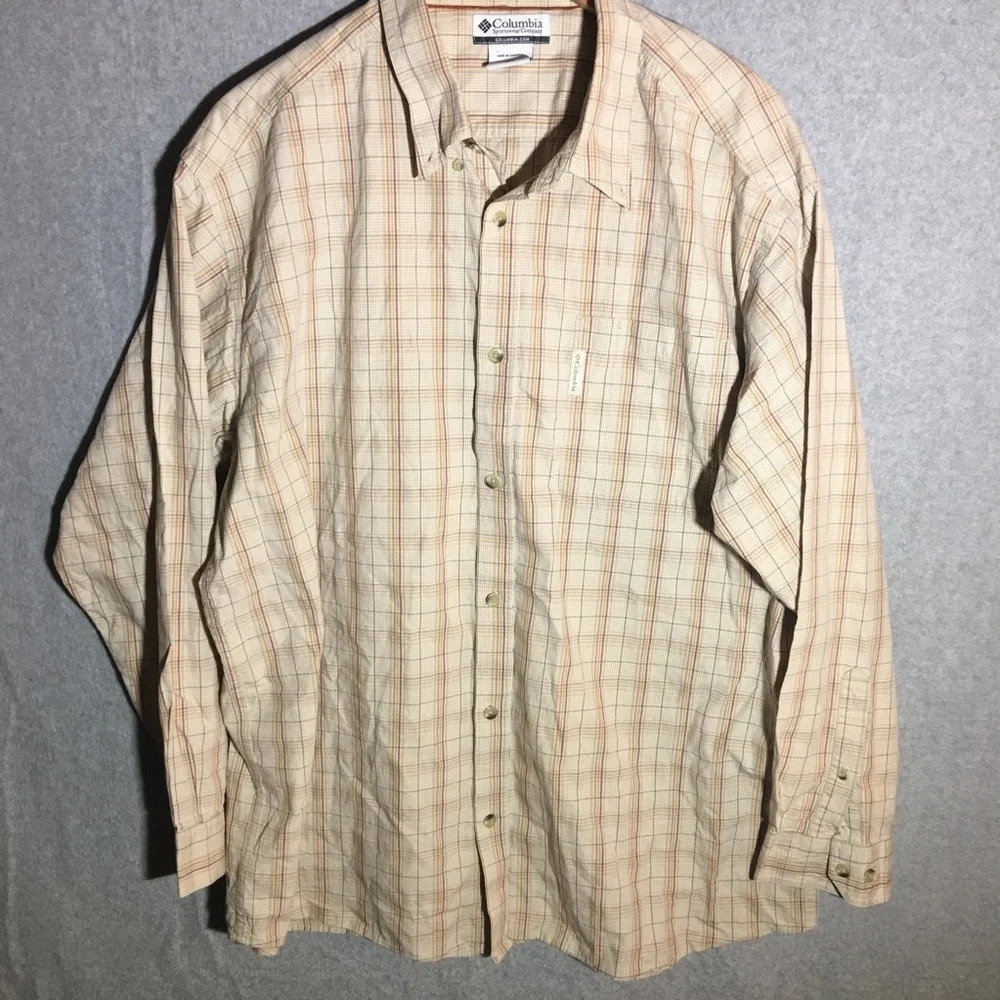 Mens Columbia Button Up Shirt Plaid Tan Neutral Long Sleeve Formal Work